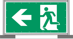 Bauzaunbanner Rettungsweg Grün und Weiß mit Symbol nach DIN 7010 und Pfeil links